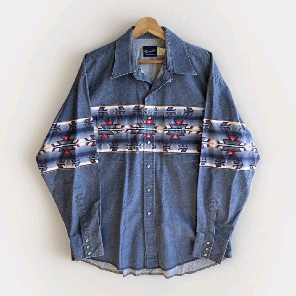 Wrangler Western Shirt Men’s XL Denim Aztec Print Stripe Pearl Snap Long Sleeve